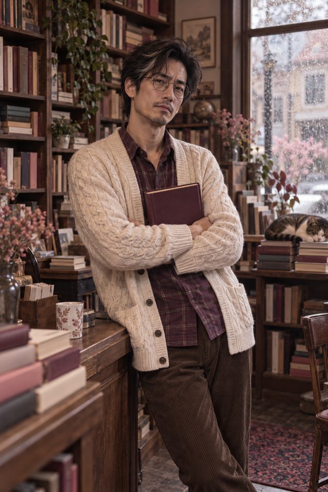 Portrait illustration of a man in glasses and a cream cardigan, holding a closed book and leaning on a bookshop counter.