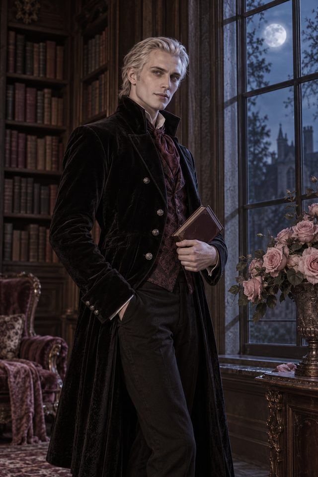 Portrait illustration of a pale-haired man in a black coat, holding a closed book beside a tall moonlit window and a vase of pale roses.