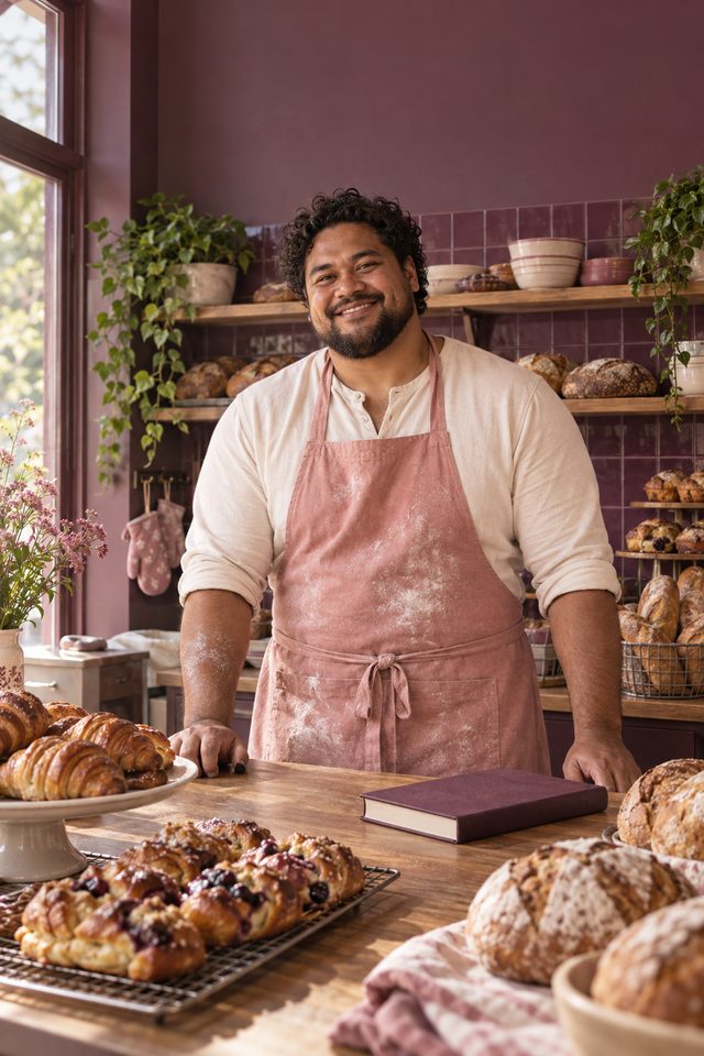 Portrait illustration of a man in a pink apron behind a bakery counter, a closed book beside trays of bread.