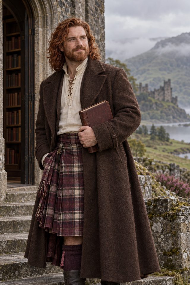 Portrait illustration of a man in a wool coat and kilt, holding a closed book on stone steps above a lake.