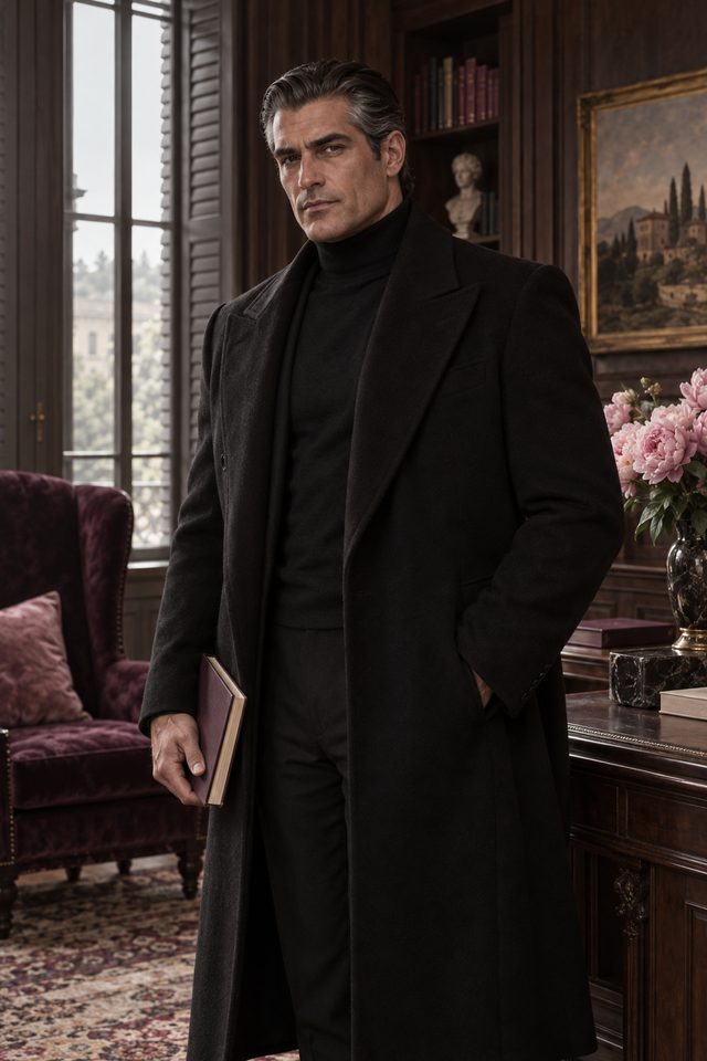 Portrait illustration of a man in a long black coat, holding a closed book in a wood-panelled study.