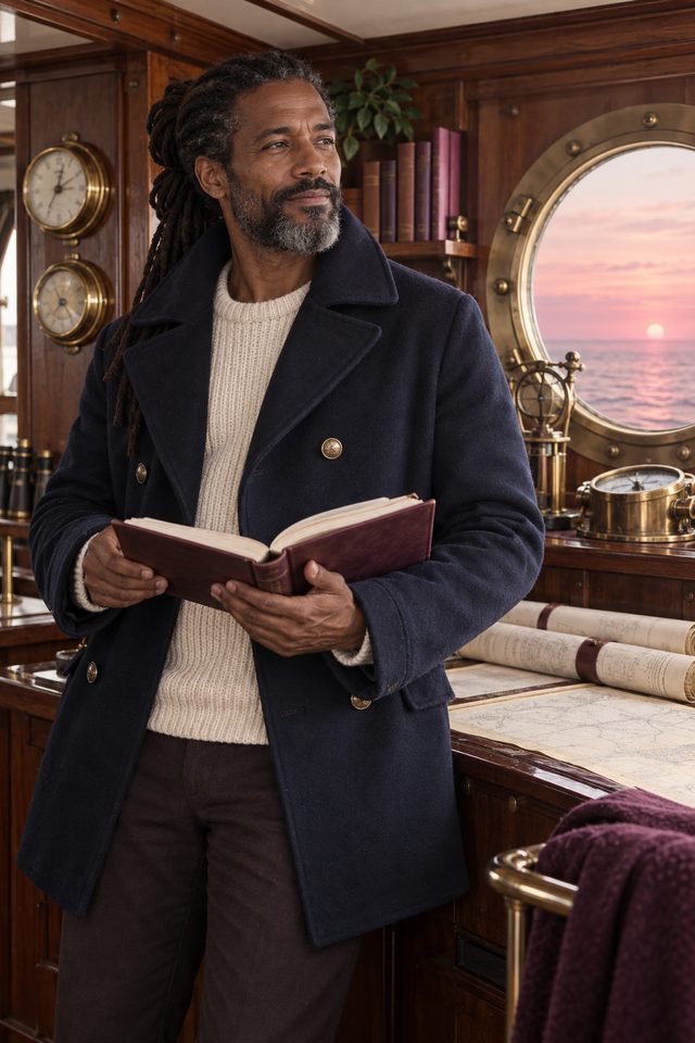 Portrait illustration of a man in a navy peacoat, holding an open book in a wood-panelled cabin with a round window.